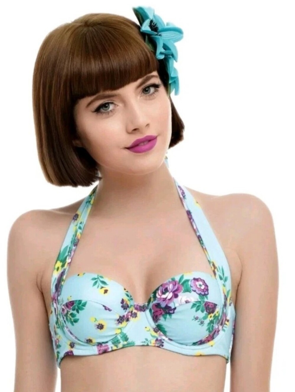 New Hell Bunny Vixen Turquoise Floral Push-Up Bikini Top Medium Pin-Up Girl
